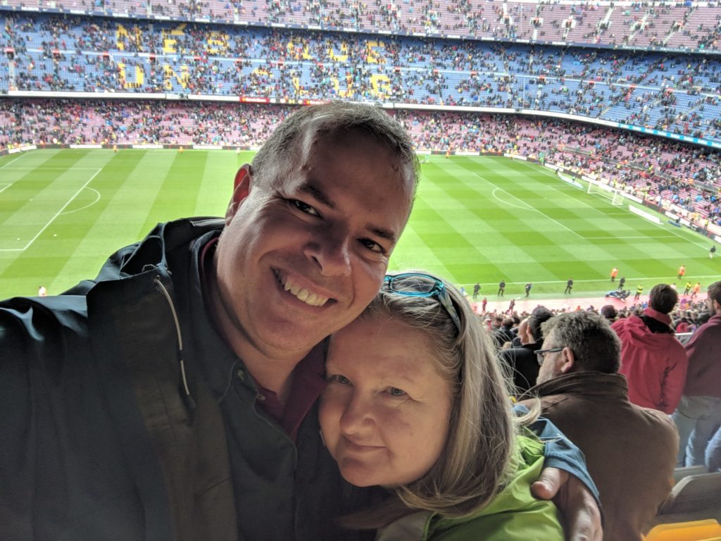 Kent and Tracey watching Barcelona Football at Camp Nou